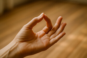Close-up hand in Gyan mudra, warm indoor light