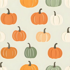 Modern seamless autumn pattern featuring elegant pumpkins in muted orange and sage green tones, flat illustration style with a clean and sophisticated repeating layout, perfect for seasonal textiles.