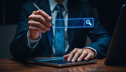 Fototapeta premium Businessman using a laptop with a glowing holographic search bar interface internet online