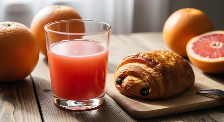 Freshly squeezed grapefruit juice in a glass served with pain au chocolat and grapefruit on a wooden board table.