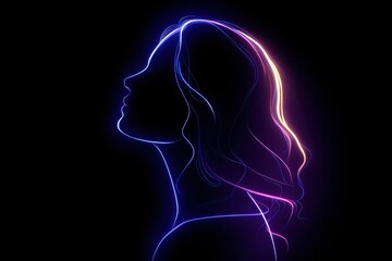 Neon line art of elegant woman’s profile with glowing outline