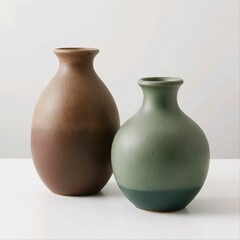 Title:
Two ceramic vases in brown and green tones with matte finish on white surface
