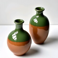Title:
Two ceramic vases with glossy green tops and matte brown bottoms on white surface