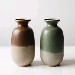 Title:
Two ceramic vases with brown, green-gray and beige matte design on white surface