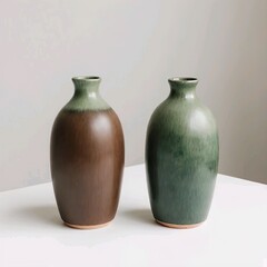 Title:
Two ceramic vases with gradient green and brown glossy design on white surface