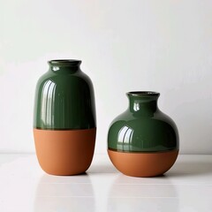 Title:
Two ceramic vases with glossy dark green tops and terracotta brown bottoms in different shapes