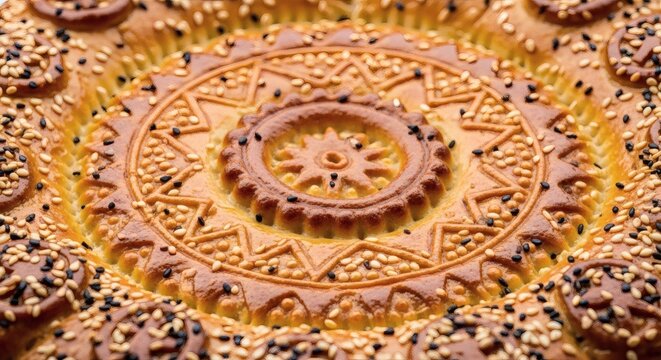 Samarkand Non Bread Center, extreme macro of intricate chekich pattern on golden crust