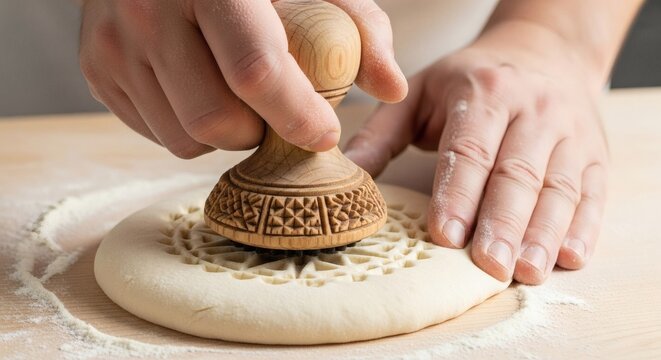 Traditional chekich bread stamping, close-up of artisan hands pressing wooden tool into raw dough