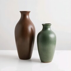 Title:
Two ceramic vases in dark brown and green-gray with matte finish on clean white surface
