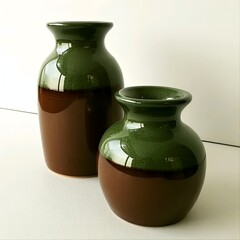 Title:
Two ceramic vases with dark green tops and brown bottoms in tall and round shapes