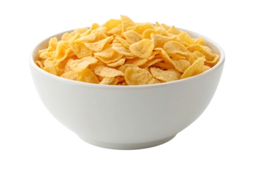 Crispy golden corn flakes in white bowl perfect for breakfast, a healthy and delicious start to the day