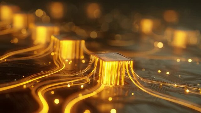 Advanced central processing unit with glowing golden light streams of data moving along circuits, representing futuristic technology, artificial intelligence, and high speed data transfer - Powered by Adobe