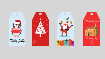Christmas Gift Tags Collection with Santa Claus, Holiday Greetings, and Festive Illustrations
