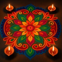 Rangoli pattern in vibrant colors with glowing oil lamps around.