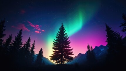 Fototapeta premium Breathtaking Aurora Borealis Over Pine Forest at Night Sky