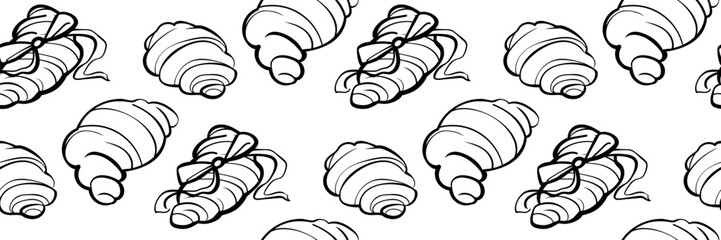Hand drawn pastry seamless pattern. Doodle background with croissant and bow. Ideal for bakery branding, packaging, wrapping paper and textile print. Vector outline illustration.