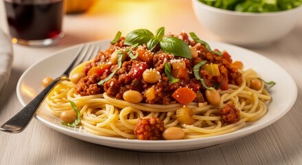Hearty Spaghetti with a Rich Chickpea Ragu Garnished with Fresh Basil.
