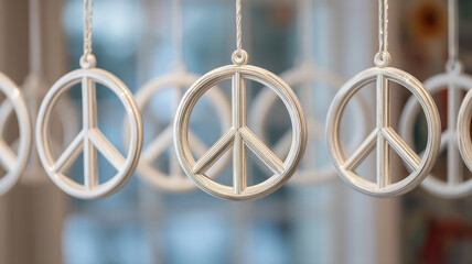 Mental Health Mindfullness Concept, Peace sign crystal ornament display mental health mindfulness symbol hanging with silver string decoration
