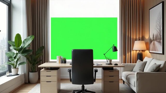 Isolated screen with chroma key in glamorous urban home office. Bright open workspace combines refined luxury with organized comfort, offering a tasteful backdrop for professional work.