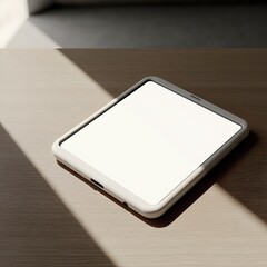 A white screen tablet and a silicone rubber case sit simply on the table, free from any other devices or objects. Natural light fills the minimalist room.