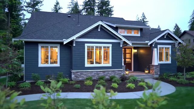 A modern home with dark blue siding and landscaping at dusk