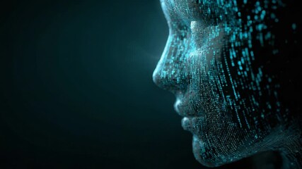 Abstract profile of a digital human face made of glowing binary code particles, representing artificial intelligence, machine learning, biometric scanning, and the future of technology - Powered by Adobe