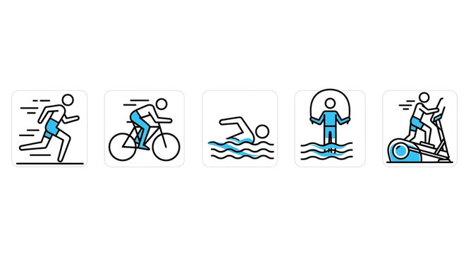 Illustration of various sports activities including running, cycling, swimming, jumping rope, and elliptical training isolated on white background
