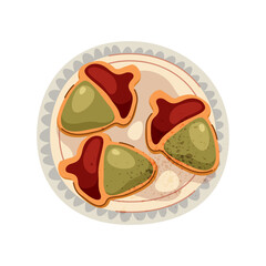 Acorn cookies on plate. Vector dessert in autumn season style. Homemade baking for celebration or fall treat for gathering and festive holiday. Confectionery nuts for seasonal festival. Sweets.