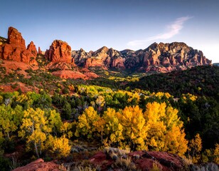 Autumnal landscape of red rock mountains and vibrant yellow aspen trees