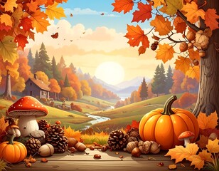 Autumnal landscape scene with fall foliage and pumpkins