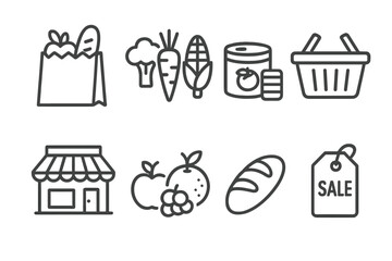 Grocery shopping icons: basket, vegetables, canned goods, and sale tag in linear style