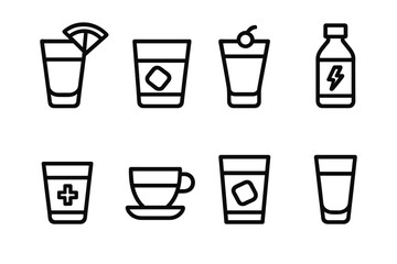 Minimalist black and white beverage icons set on dark background