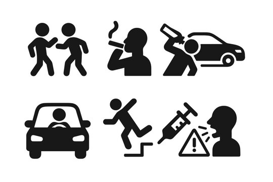Dark silhouette icons of unsafe behaviors and risky activities
