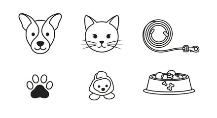 A set of pet related icons in black and white isolated on white background