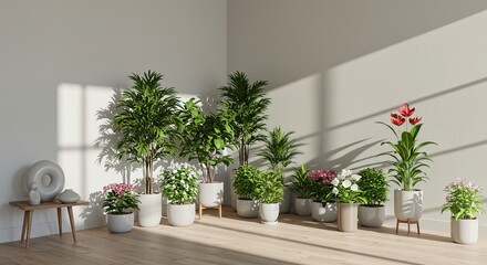 Assorted potted plants arranged in a bright room corner