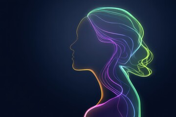 Neon line art portrait of woman with glowing abstract silhouette
