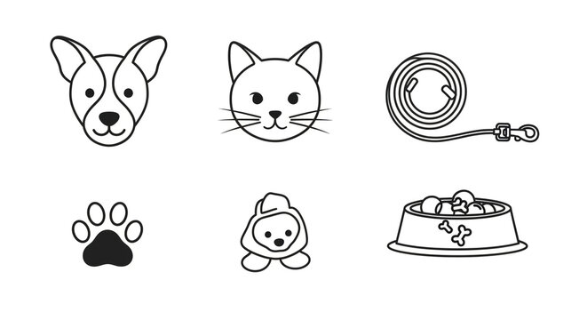 A set of pet related icons in black and white isolated on white background