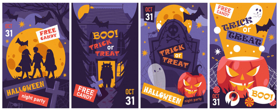 Set of Halloween night party banner. Vector invitation flyer for autumn horror event celebration. Announcement poster for seasonal horror and scary holiday with pumpkin or jack o lantern element.