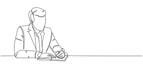 Continuous Line Drawing illustrationof  a businessman sitting at a desk, engaged in writing on pape