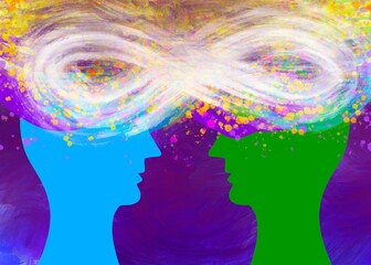 Disegno illustrativo due persone che si amano. Connessione mentale e dell&rsquo;anima.