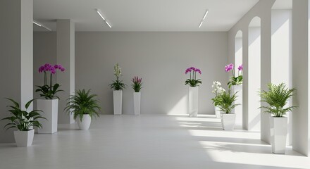 Interior space with plants in white square containers