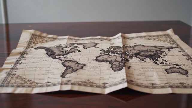 antique map showcase, old textured world map display, vintage flatlay map with ornate borders and creases, vintage world map laid out with detailed borders and aged