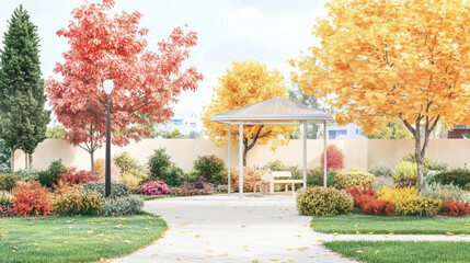 Serene park scene with vibrant autumn trees, pathway, and bench under gazebo, evoking tranquility