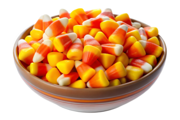 A delicious bowl of halloween candy corn isolated on a solid surface isolated on transparent background