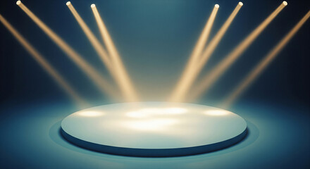 stage, platform, spotlight, presentation, illumination, light beams, soft glow, backdrop, muted blue, ethereal, atmosphere, presentation stage, studio lighting, empty stage, modern design, circle, sce