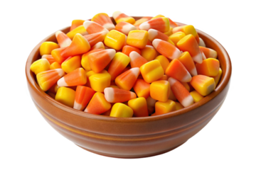 Generous bowl overflowing with colorful candy corn perfect for halloween and autumn celebrations isolated on transparent background