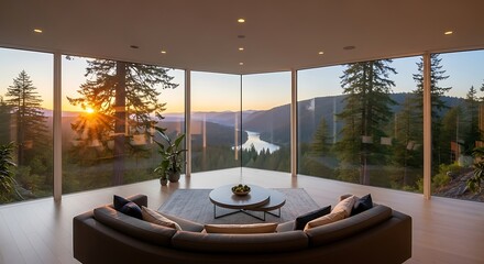 Fototapeta premium Panoramic sunset views from a luxurious living space with floor-to-ceiling windows overlooking a tranquil forest and
