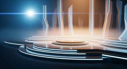 Futuristic Stage Design with Glowing Lights and Abstract Architecture Creates a Modern and Technological Ambience