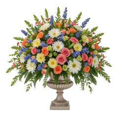 Obraz premium Large Silver Urn Filled with a Vibrant Assortment of Colorful Flowers and Greenery flower arrangement transparent background isolated on a transparent background