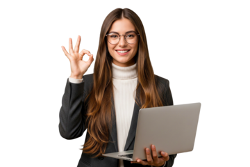portrait of a young business woman holding laptop isolated on white